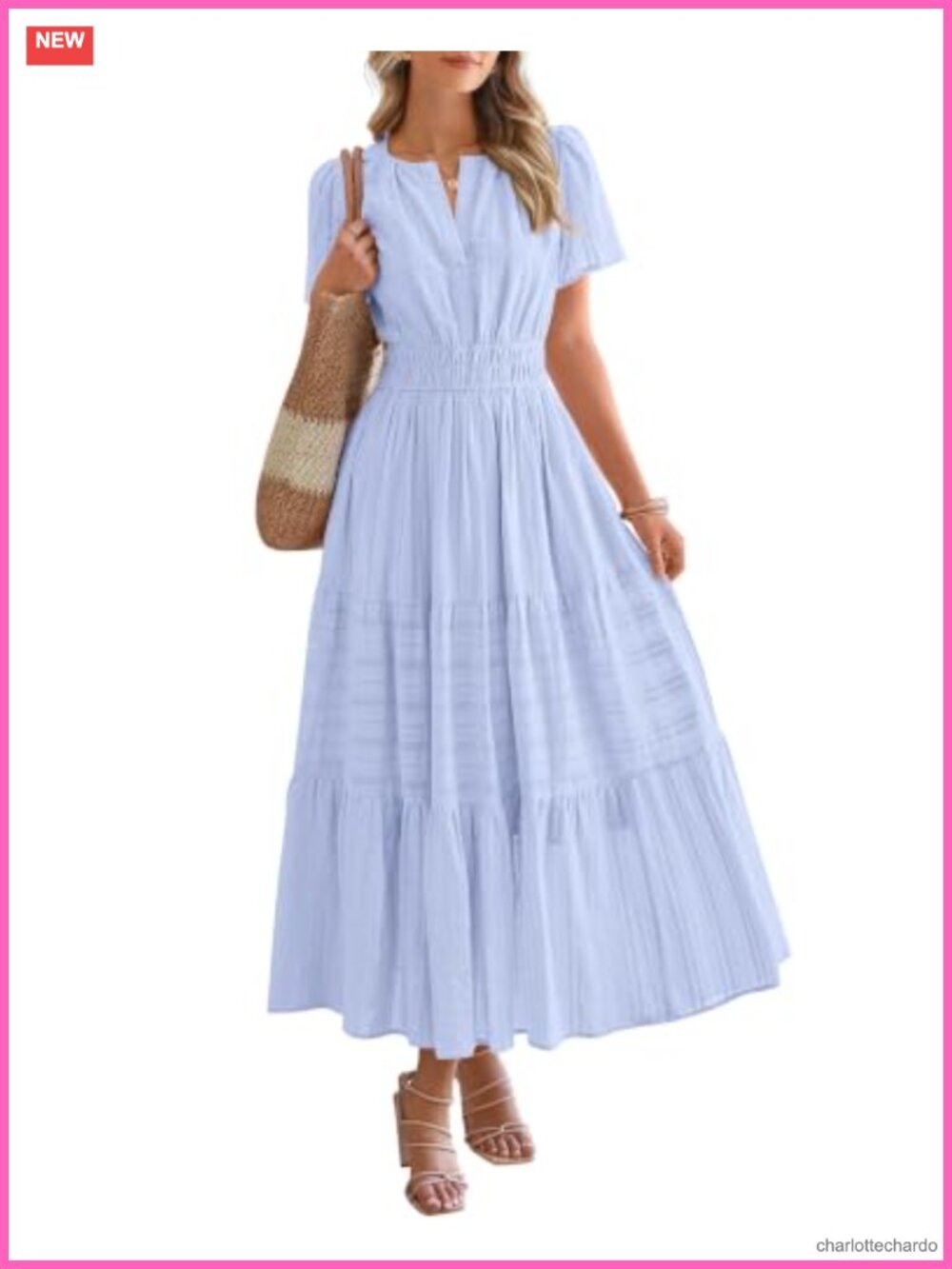 Womens Summer Maxi Dress Lightweight Short Sleeve V Neck Tiered Boho Sundress
